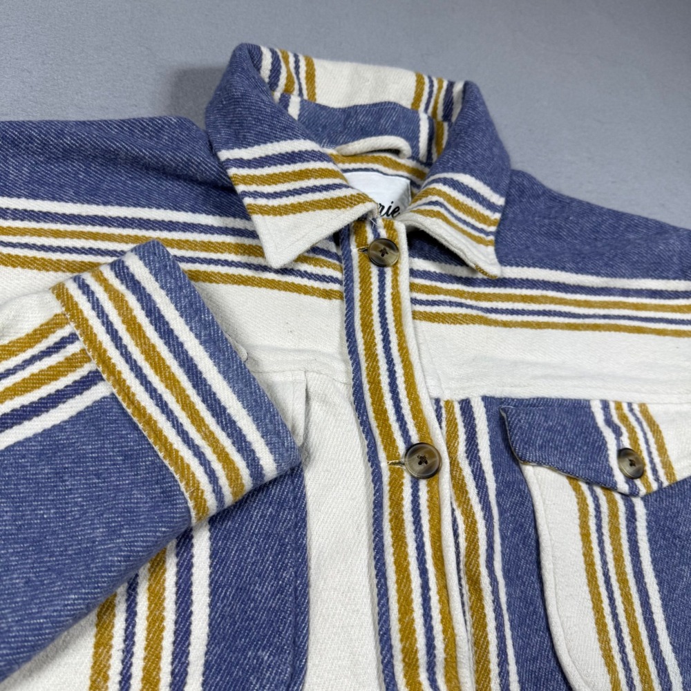 Aerie Blue White Mustard Striped Flannel Shacket Longline Button Down Shirt XL